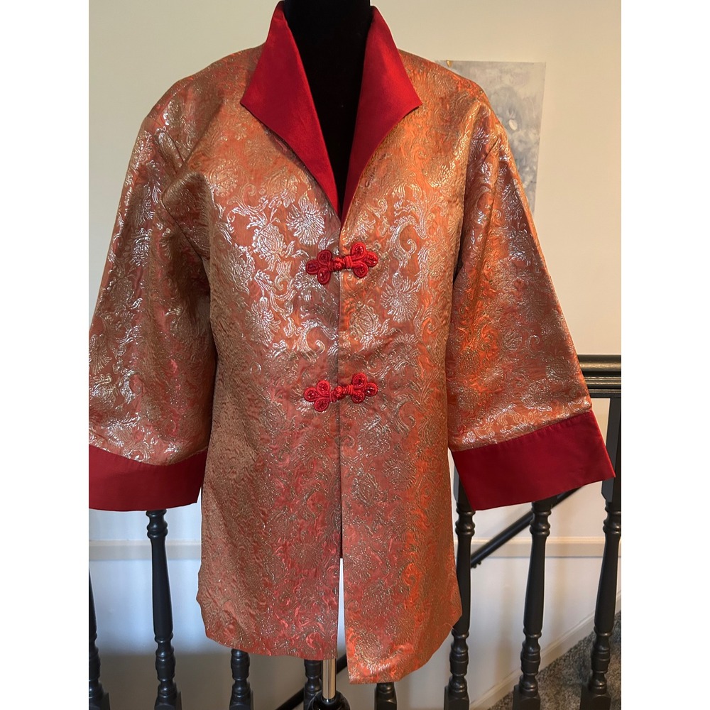 Nolan Miller Glamour Style Orange Gold Brocade Silk Blend Jacket Frog Closure S